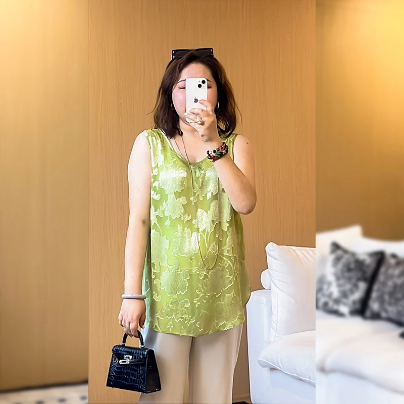 【2025新款】春夏无弹圆领露背人丝提花无袖背心胖MM120-250斤