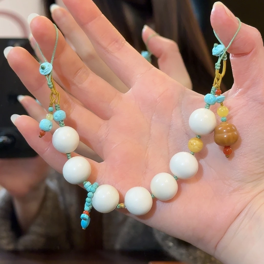 绿松石18K金镶嵌车挂原矿15mm牙牙圆珠手机链