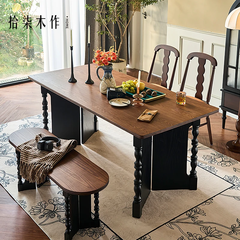 法式复古实木白蜡木餐桌椅组合家用中古风长方形饭桌书桌工作台