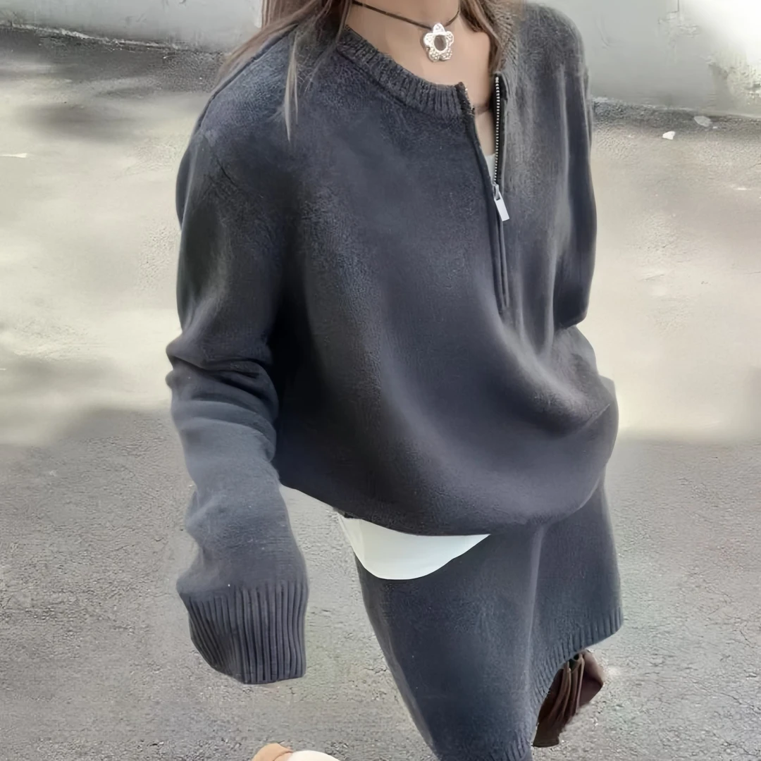年度清仓【新年暖冬】秋冬新款宽松针织拉链套头毛衣+半身裙套装