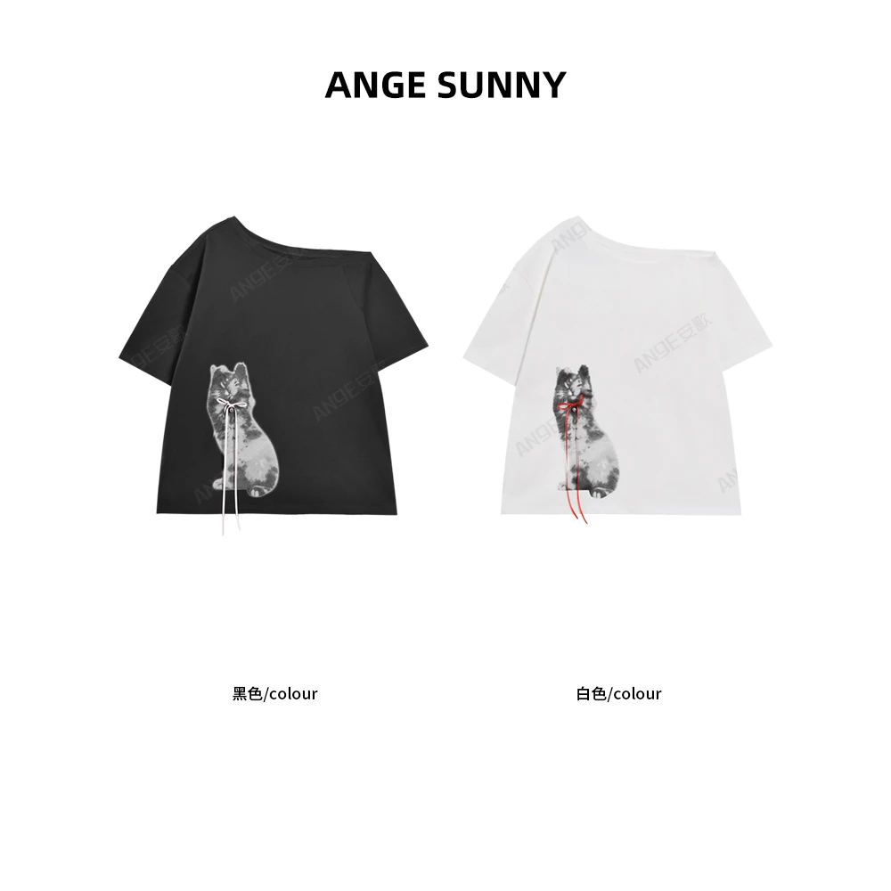 ANGE SUNNY【张元英同款  小猫斜肩短袖T恤】铃铛装饰短袖上衣