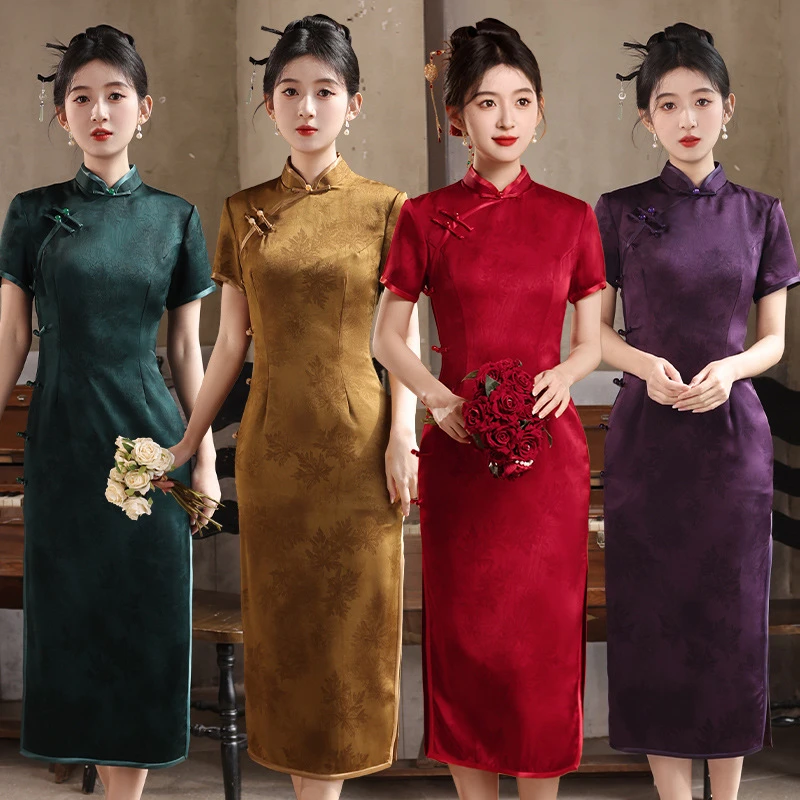 【笔下生花】高档旗袍长款新中式缎面日常复古民国风显瘦优雅气质