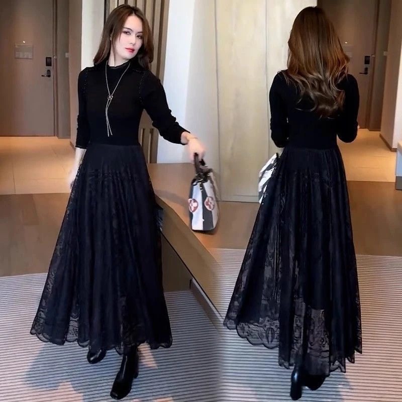 2025毛衣裙新款秋冬季女时尚拼接蕾丝假两件中长款针织连衣裙2018