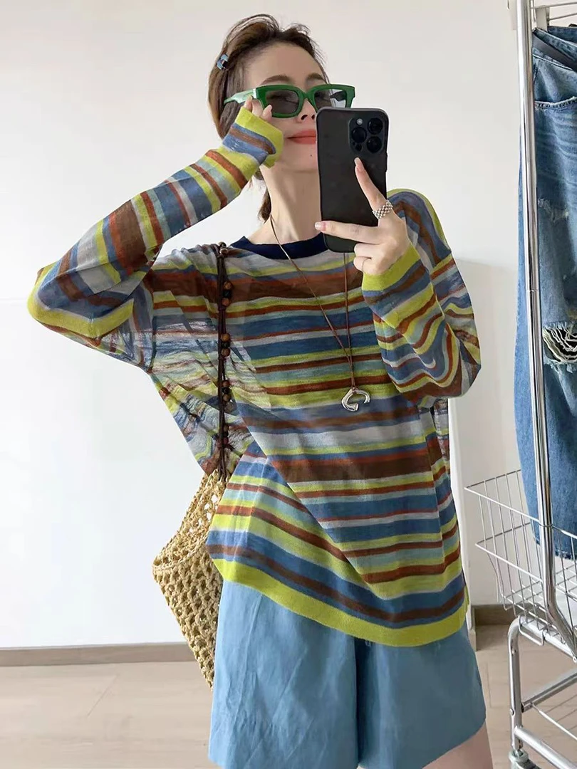 欧洲站2025夏季新款圆领薄款落肩袖彩色条纹防晒针织衫上衣女2726