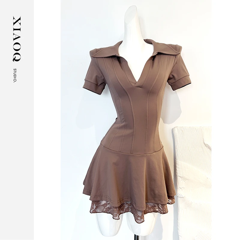 【小Q家】59745设计感收腰蕾丝拼接连衣裙