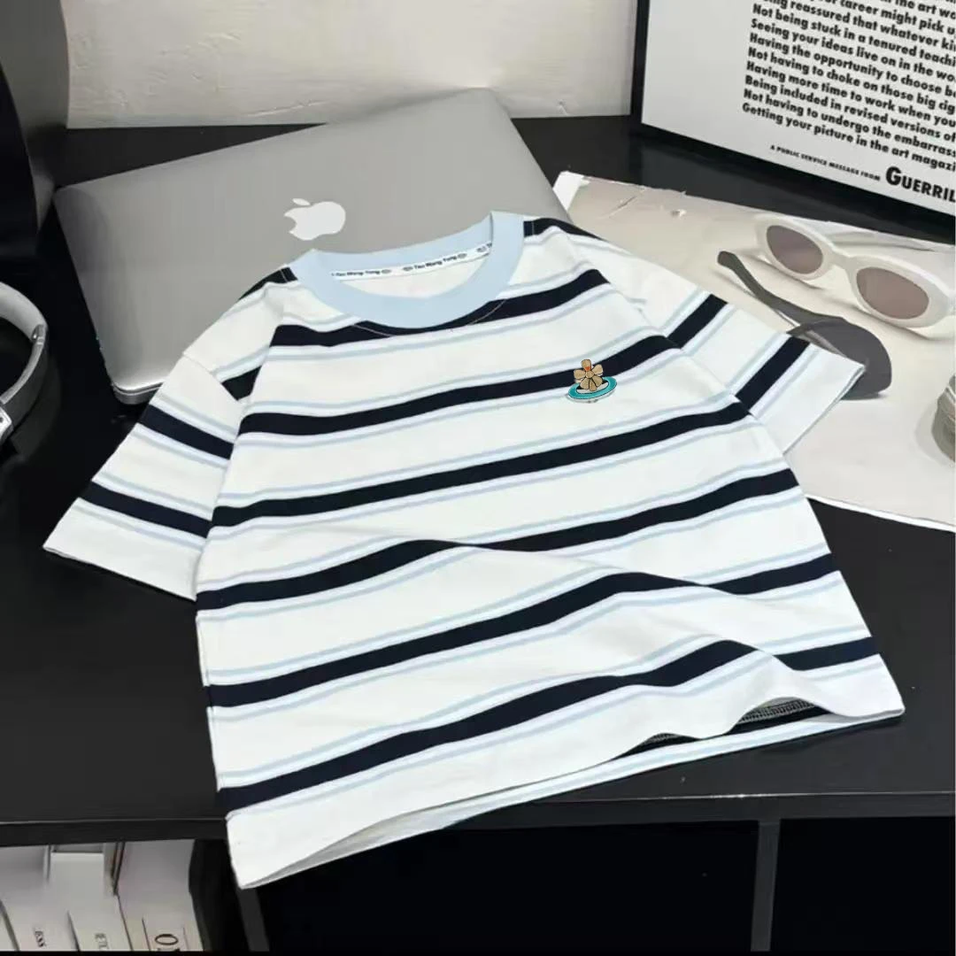 503060男童条纹棉T恤2025 新款刺绣短袖上衣夏季中大童休闲韩半袖