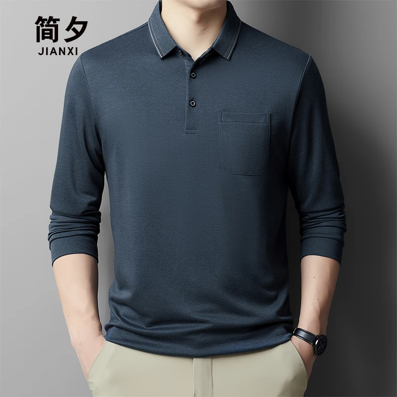 男士春季2025新款中老年爸爸装带口袋纯色翻领休闲长袖T恤老头衫