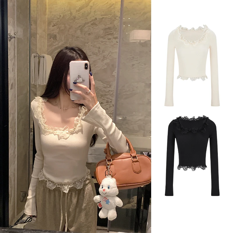 Moses Queen/魔西女王纯欲蕾丝花边方领长袖t恤女春秋内搭打底衫