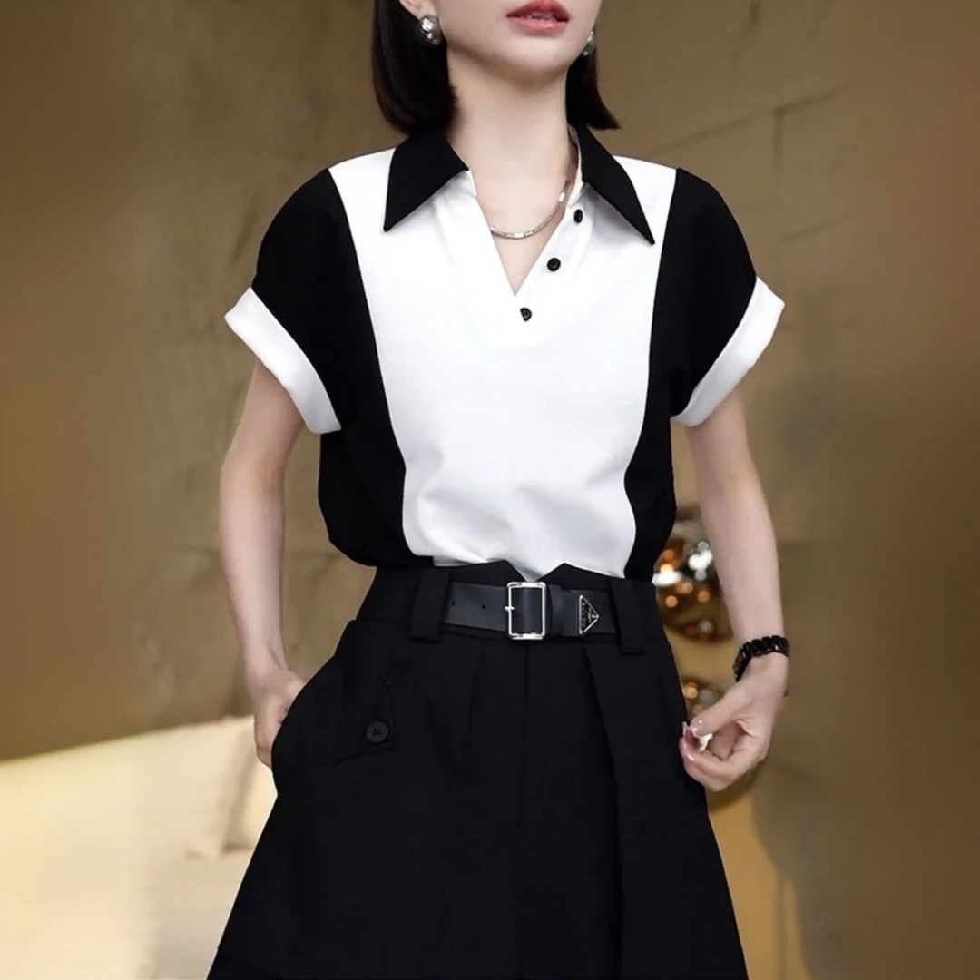 时尚撞色设计短袖POLO领T恤女2025夏季新款宽松显瘦气质薄款上衣
