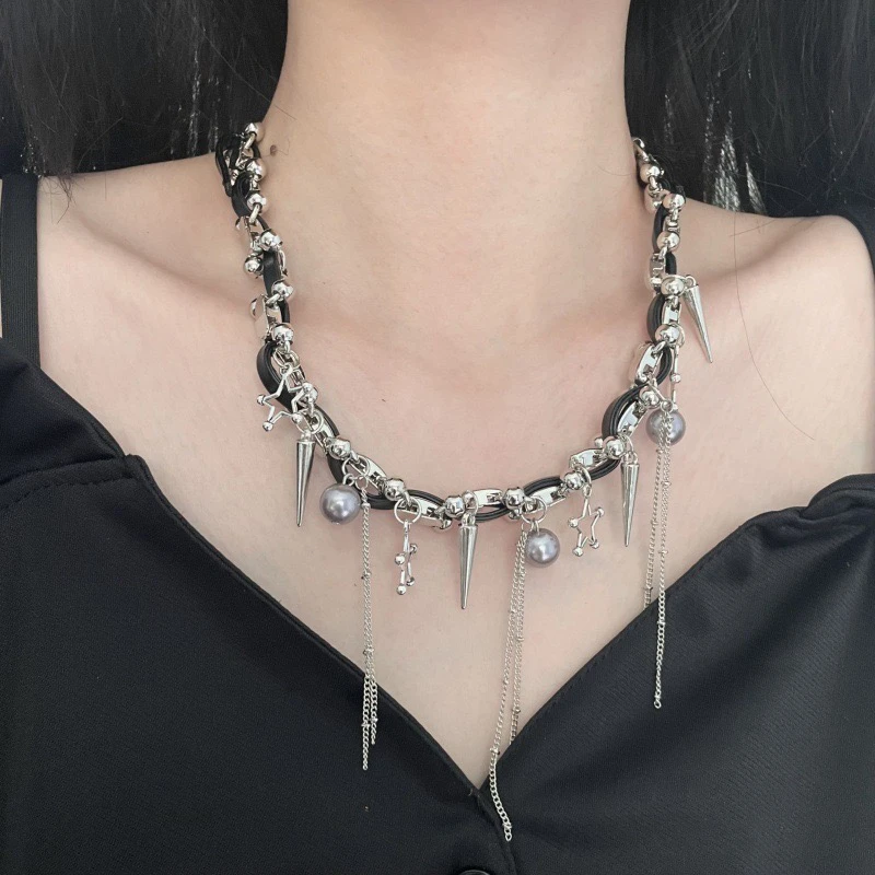 铜合金项链 精品-潮流甜酷铆钉星星流苏皮革缠绕项链女小众锁骨链
