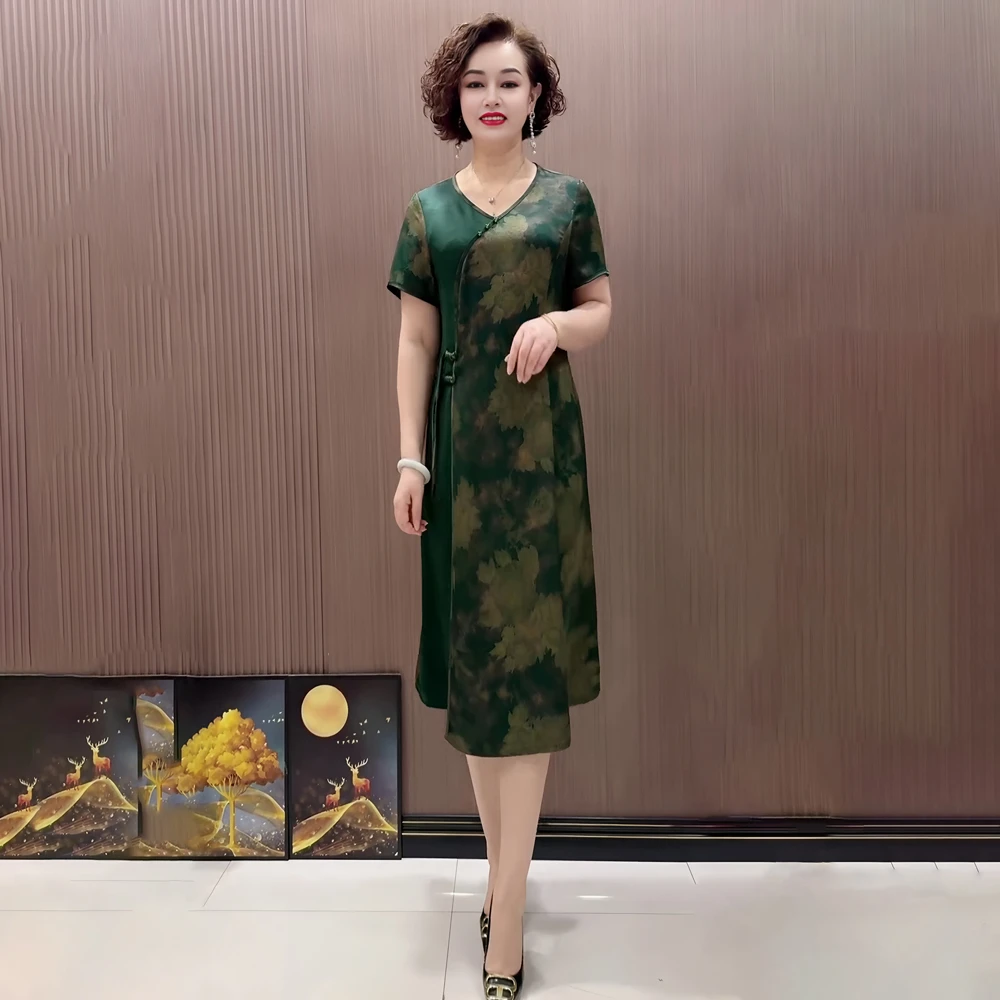 洋气妈妈装复古改良旗袍连衣裙过膝夏装大码中老年女装短袖长裙子