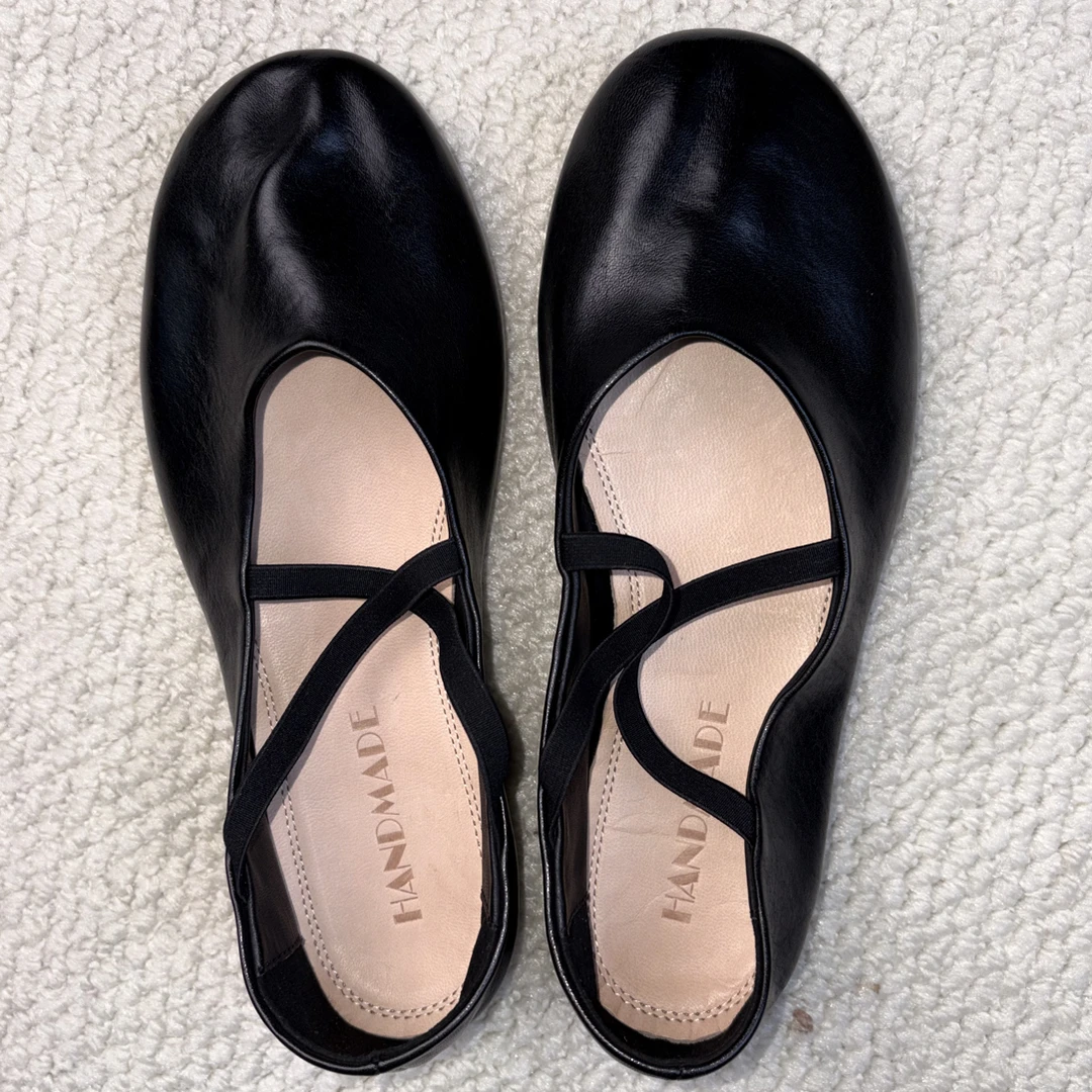 进口重工水洗马皮交叉带平底单鞋柔软芭蕾舞鞋女