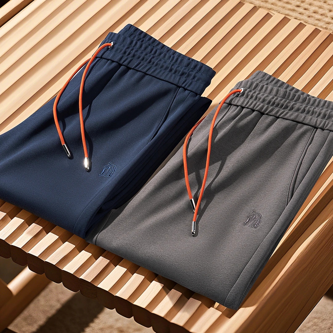 秋季轻奢法式舒适高级感百搭运动裤子马匹刺绣男士直筒卫裤休闲裤