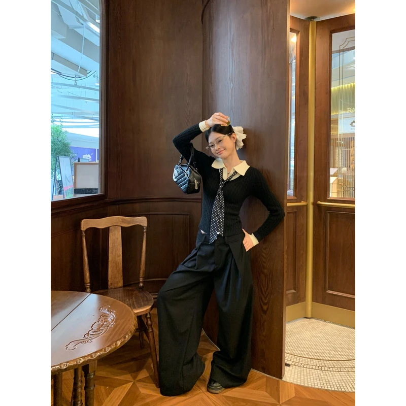 宋正恩 黑色垂感显瘦蕾丝腰头设计感西装裤AA26680
