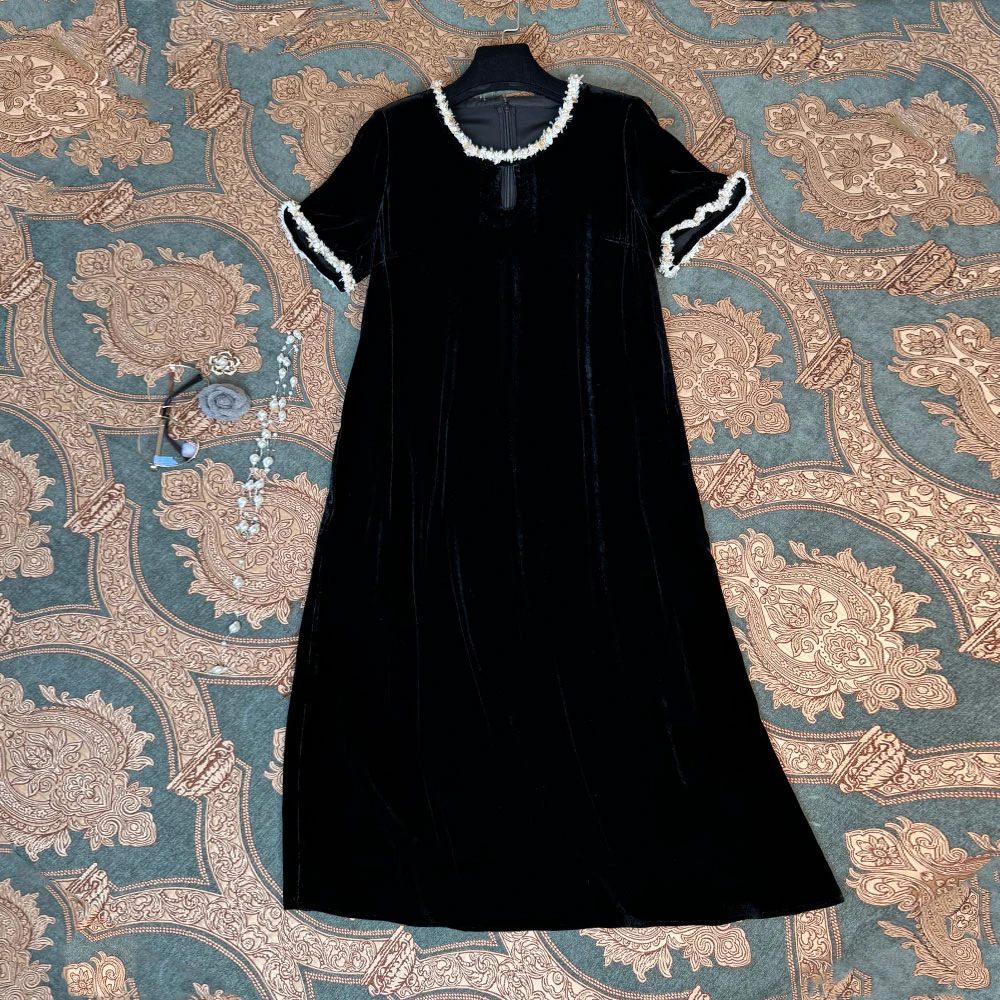 重磅桑蚕丝丝绒高密度水滴镂空重工钉珠A字版显瘦透气长裙连衣裙