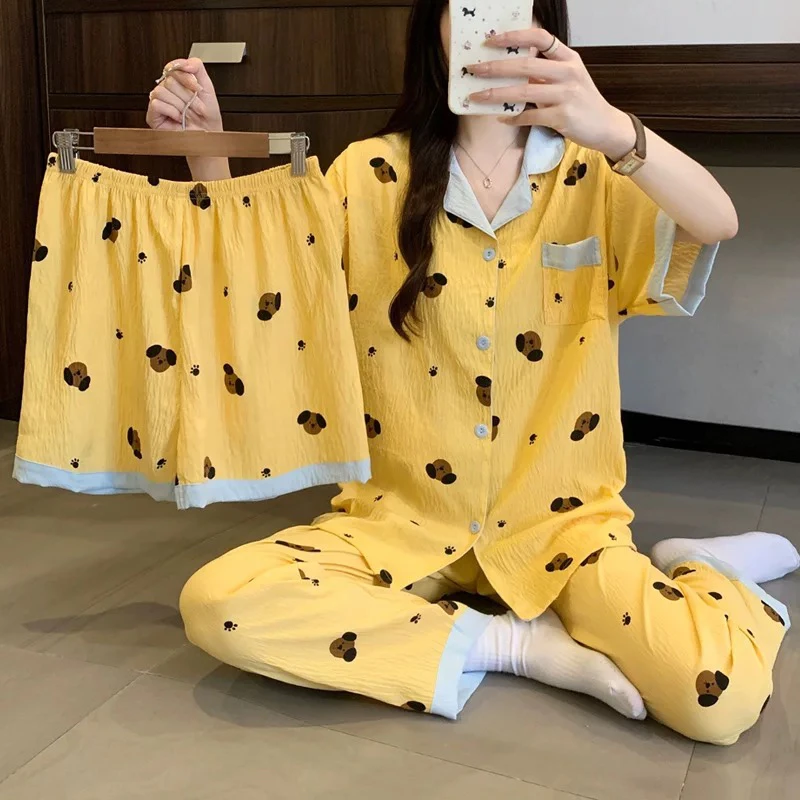 日系卡通小狗云朵棉睡衣薄款套装纯棉女夏季短袖长裤宽松家居服