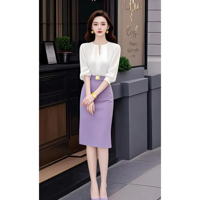 法式高级感V领上衣+紫色半身裙两件套装2025春夏新款财阀千金女装