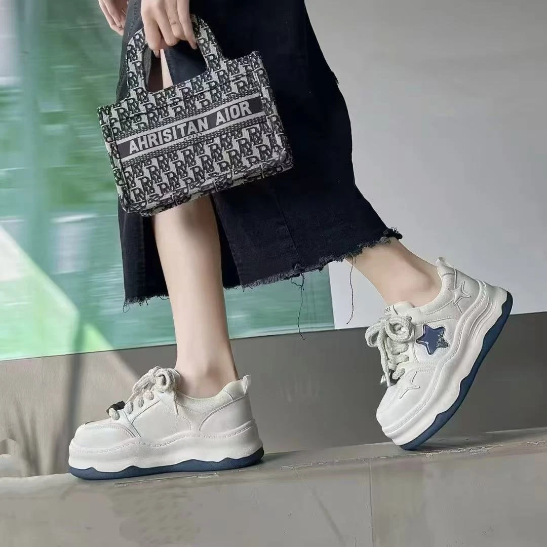 C5466 兰色  时尚圆头系带2025新休闲运动鞋女士增高板鞋