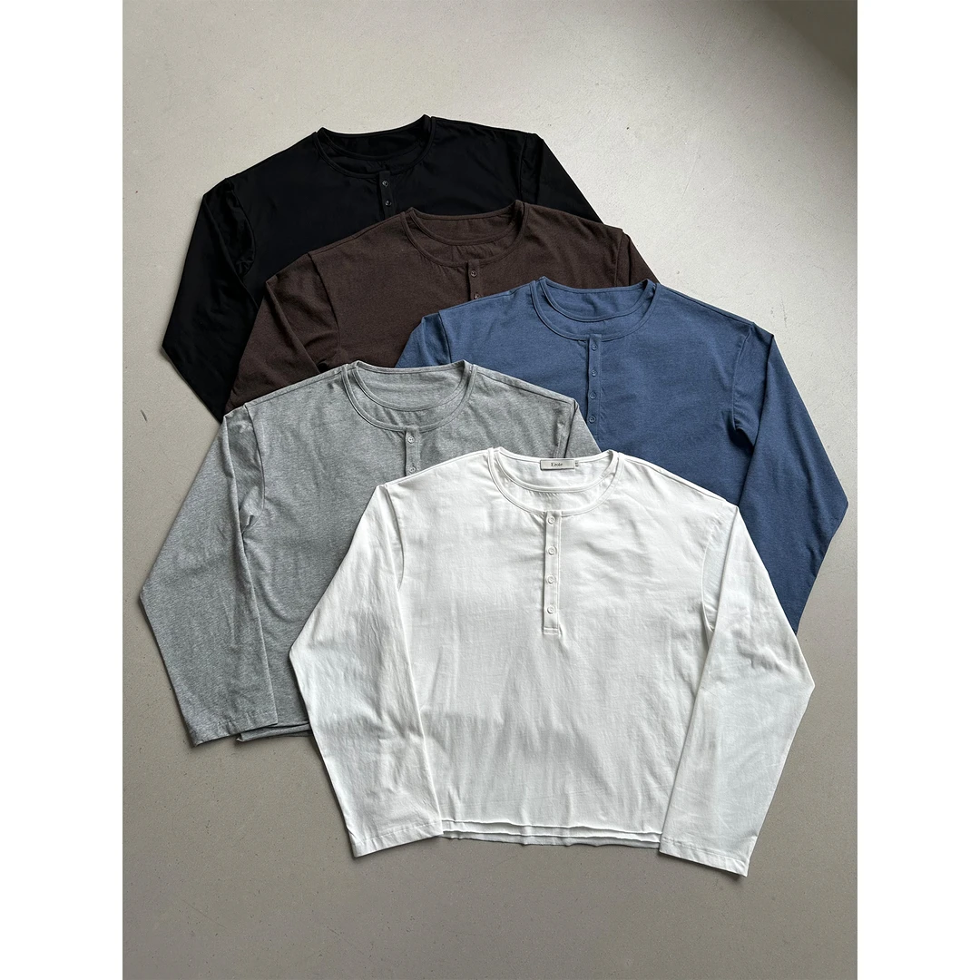 Erole 亨利双领 天然贝母扣不锁边 纯色长袖T恤慵懒松弛百搭基础