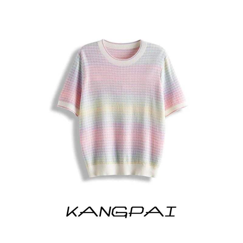 【段染的彩虹】渐变花纱/纤维皇后/桑蚕丝+天丝百搭圆领针织短袖T桖