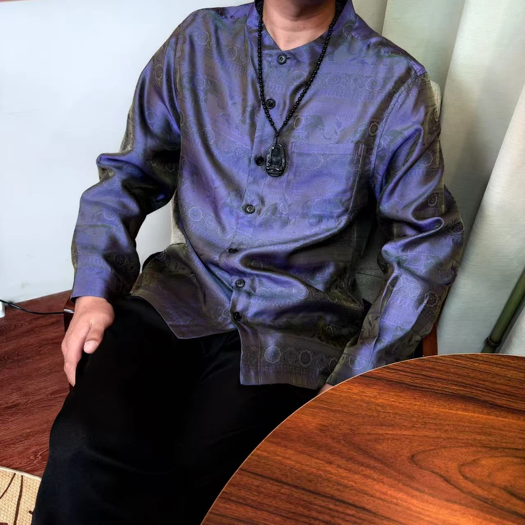 月下扬帆2597秋季新款浮光锦100%桑蚕丝休闲长袖男士衬衫