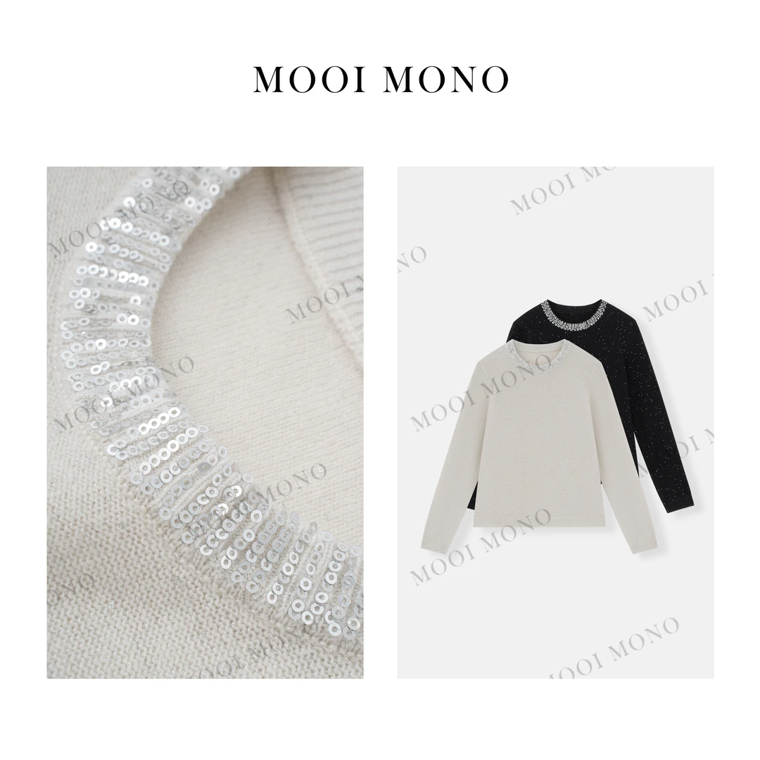 MOOI MONO"闪韵星芒"显瘦早春时尚圆领套头亮片针织衫 M430D51