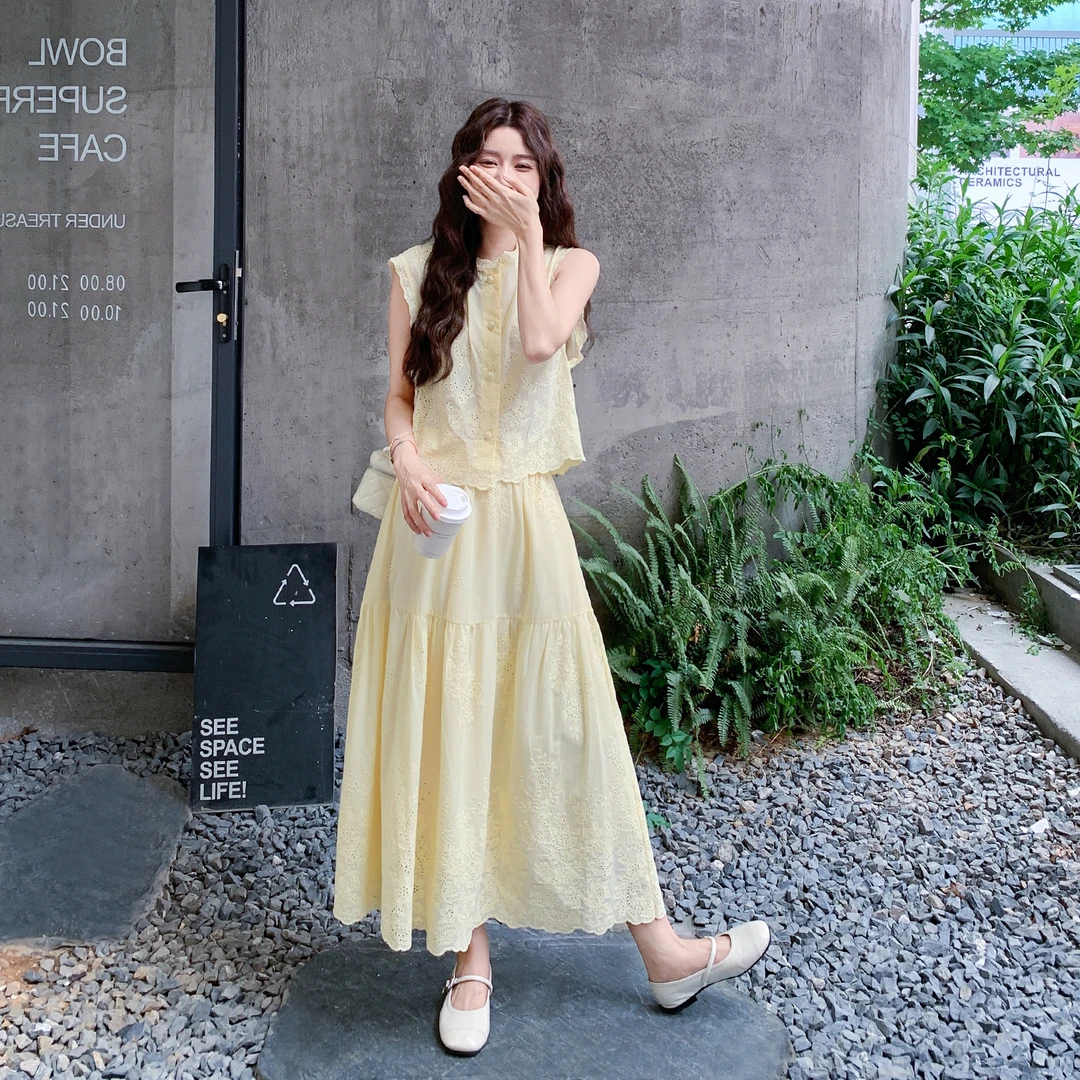 夏季穿搭大方得体气质蕾丝套装裙女新款韩系减龄上衣半身裙两件套