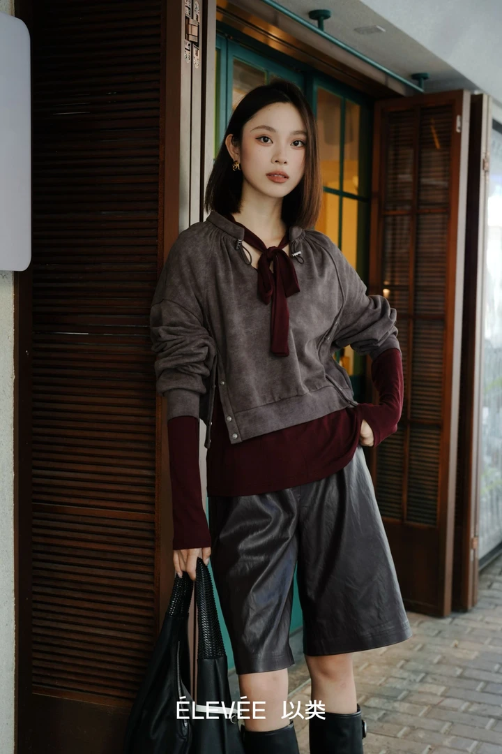 以类设计师品牌CHIC GALAXY抽绳皮中裤品质休闲百搭宽松裤子47899