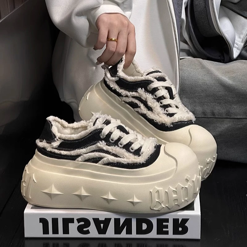 欧货牛仔布大头松糕厚底面包鞋女帆布鞋系带百搭小个子增高休闲鞋