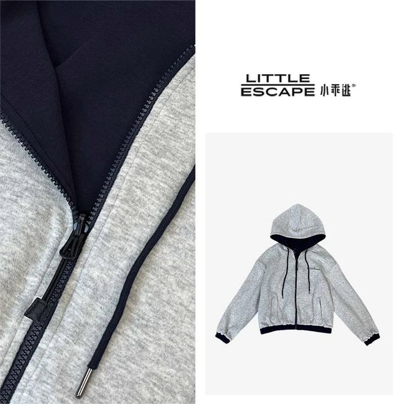 小乖逃1灰色外套 灰撞蓝连帽绒绒夹棉卫衣藏蓝帽双面穿外套 Z0036