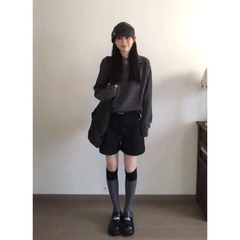 2025秋季新款女韩系穿搭宽松长袖毛衣上衣百搭高腰显瘦阔腿短裤