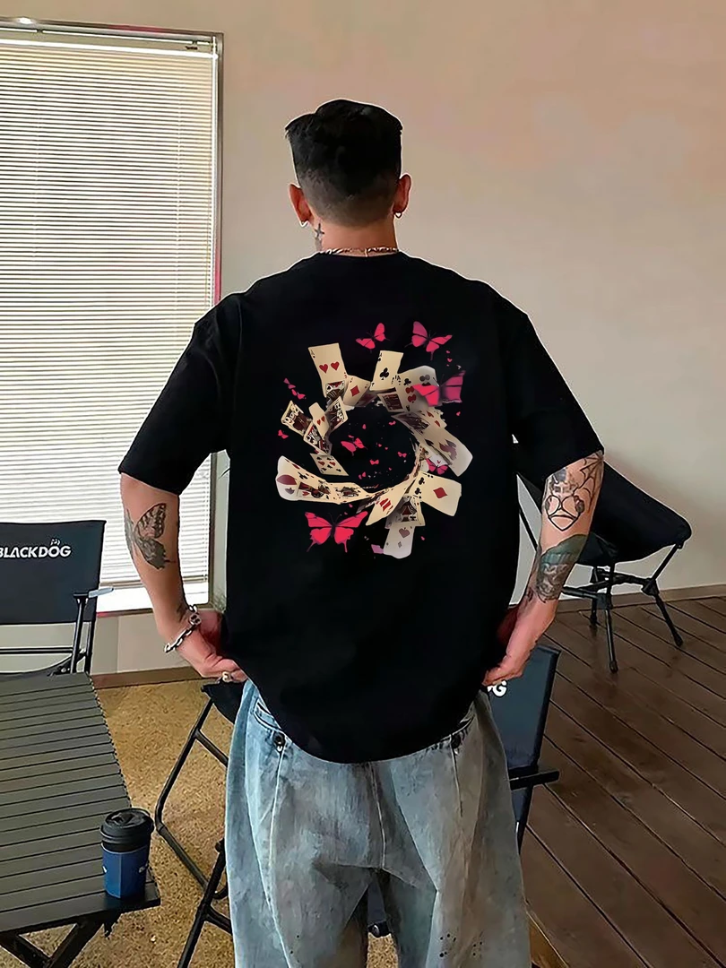 夏季纯棉短袖T恤美式宽松男装男生复古扑克印花潮牌港风百搭