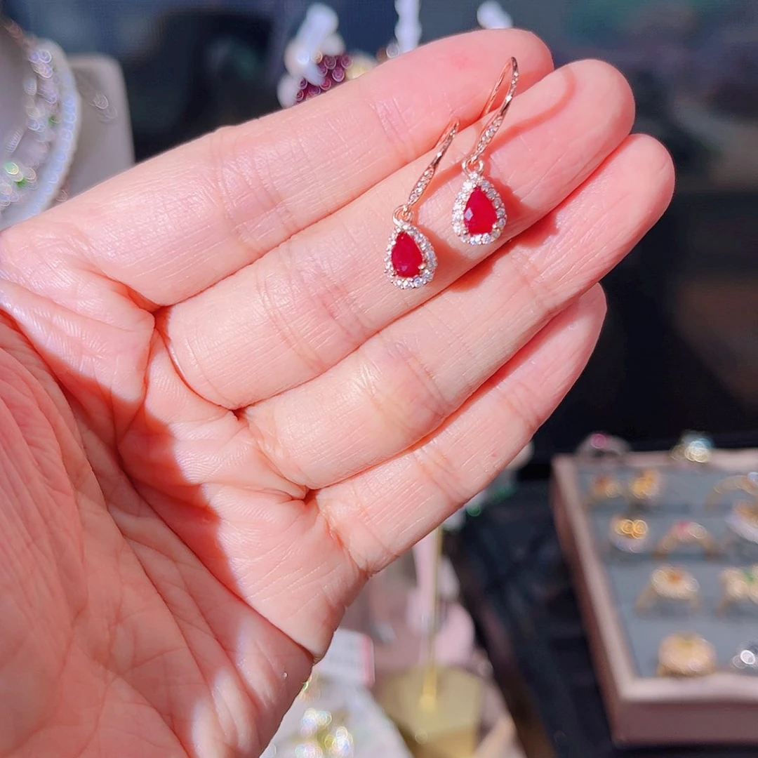 红宝石耳饰银S925镶嵌