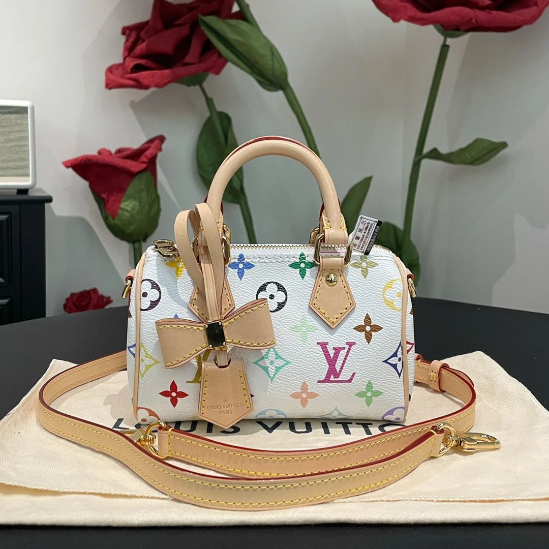 99新 LouisVuitton/路易威登 白三彩speedynano手提斜挎包