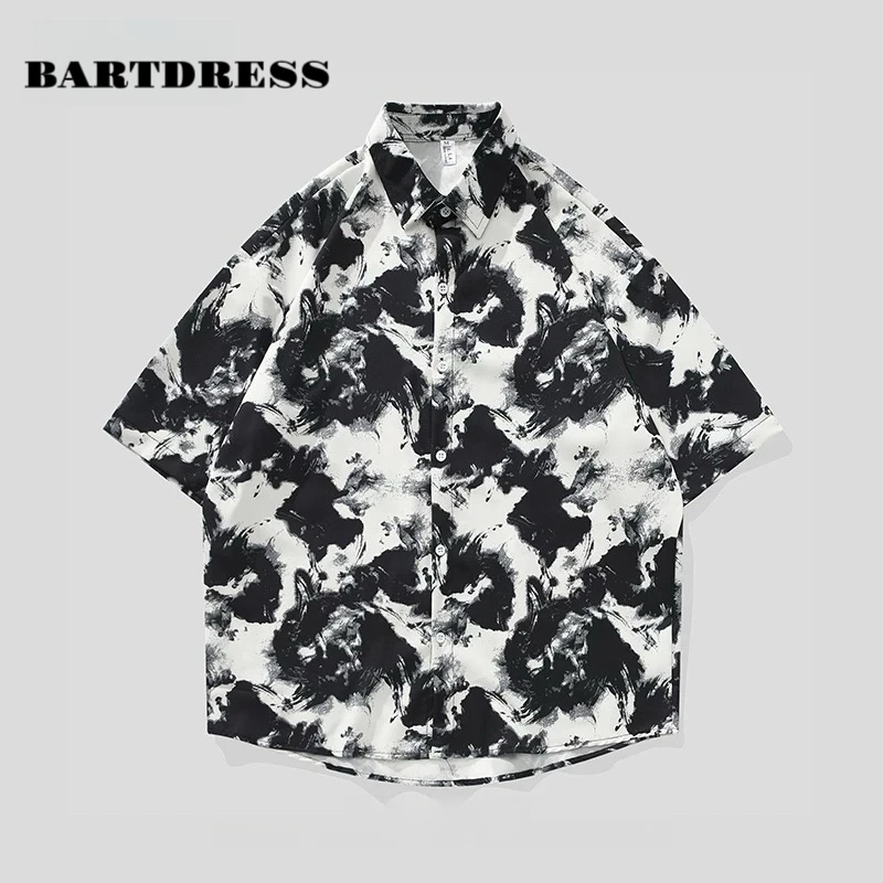 BARTDRESS痞帅短袖衬衫男宽松设计感垂坠感花衬衣夏季休闲潮流T恤
