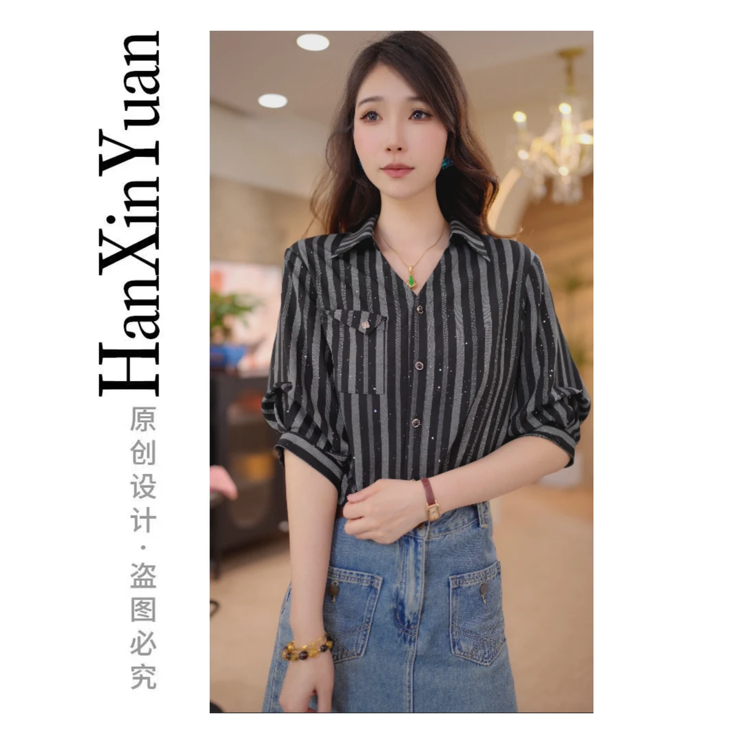 原版正品 XG1916A夏季中袖新款简约优雅宽松拼衬衫休闲百搭女士