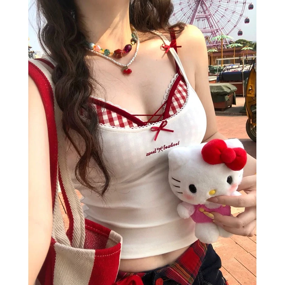 【元气嗲妹】彩格交叉胸衣吊带背心纯欲辣妹两件套