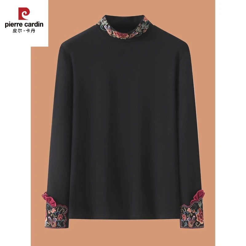 皮尔卡丹新中式妈妈春秋装国风半高领打底衫中老年女装中国风上衣