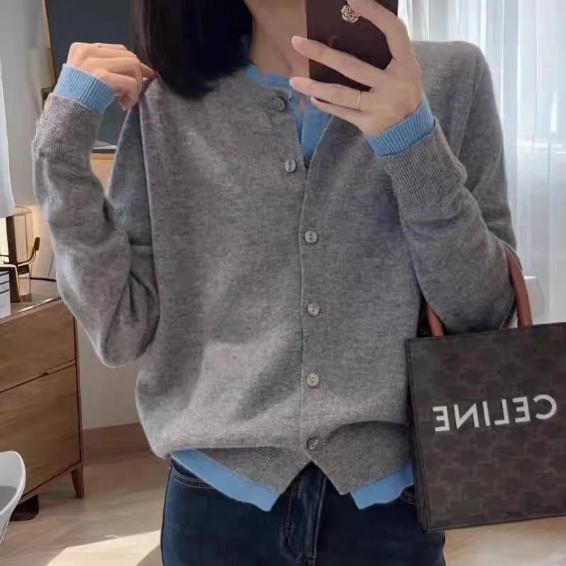 欧货新款秋冬100%纯羊毛假两件开衫女士圆领短款毛衣针织羊绒外套