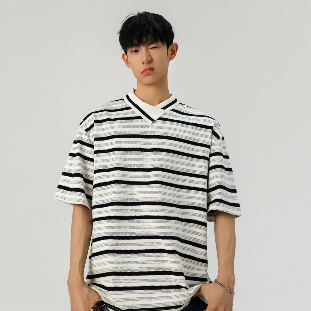 美式不规则斜领polo衫短袖男夏季设计感撞色条纹翻领t恤小众半袖