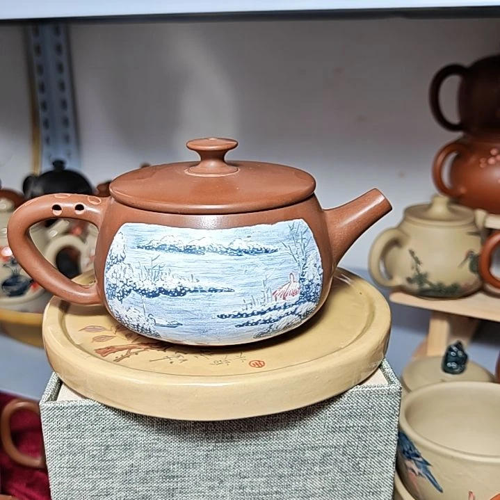 建水紫陶彩绘茶壶全品8号