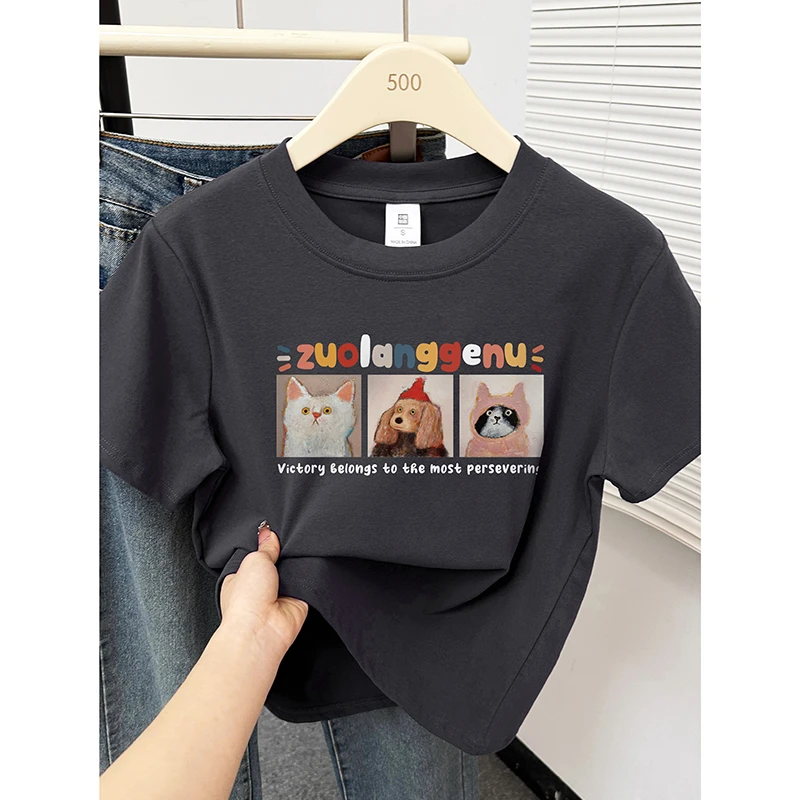 深灰色短袖T恤女夏季2025新款韩版卡通印花圆领大码正肩半袖上衣