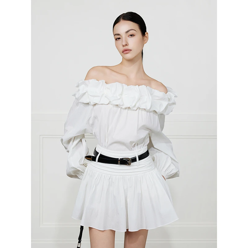 NancyCavally专柜款沙爽肌理棉 温柔花苞一字肩衬衫/捏褶短裙套装