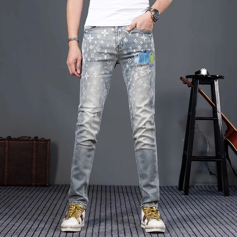 Cebrodz新款欧版轻奢印花牛仔裤男士浅色夏季薄款潮流修身小脚裤