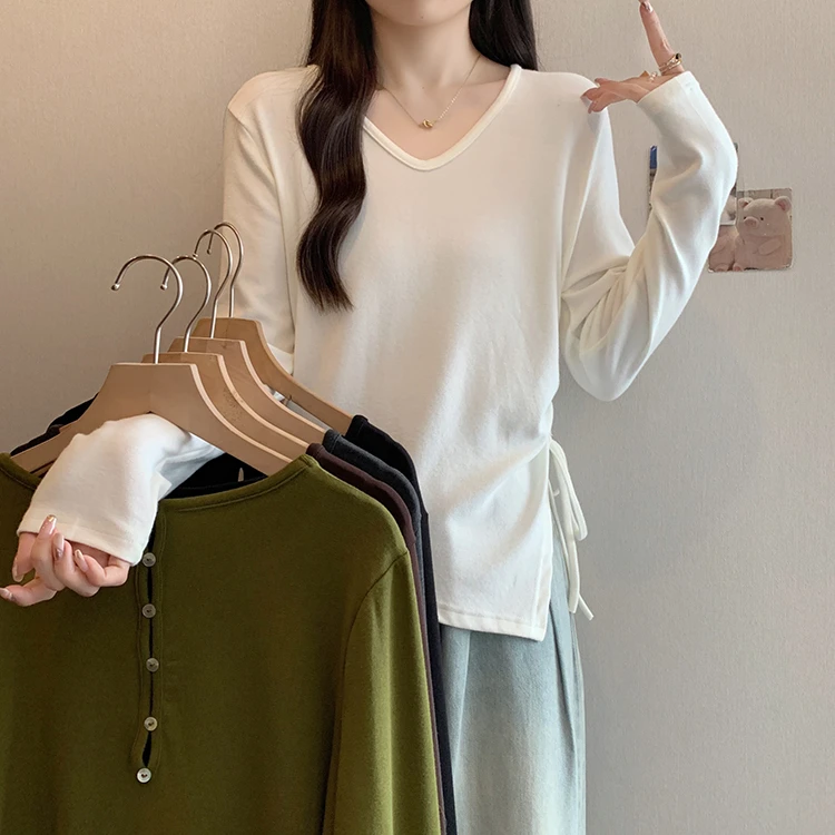 MZ073专享大码MM春秋抽绳长袖T恤时尚设计感v领显瘦韩版圆领上衣