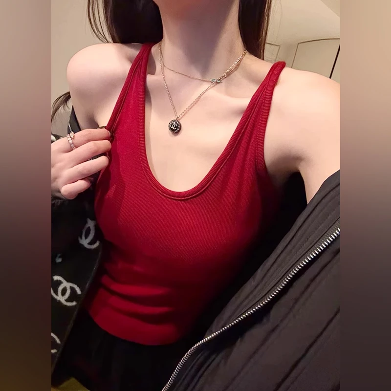 带胸垫U领吊带背心女春夏季2025新款内搭遮副乳无袖美背红色上衣