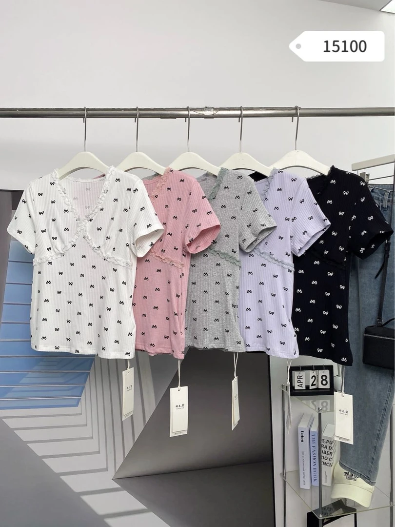 实体店2025新款蕾丝花边短袖t恤女满印蝴蝶花纹甜美修身辣妹上衣