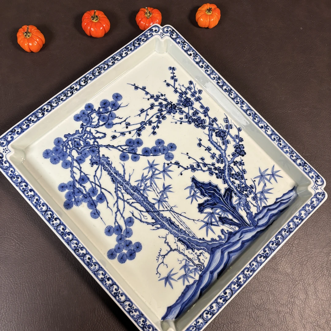 景德镇陶瓷 全手工手绘 青花快雪时晴同款茶盘
