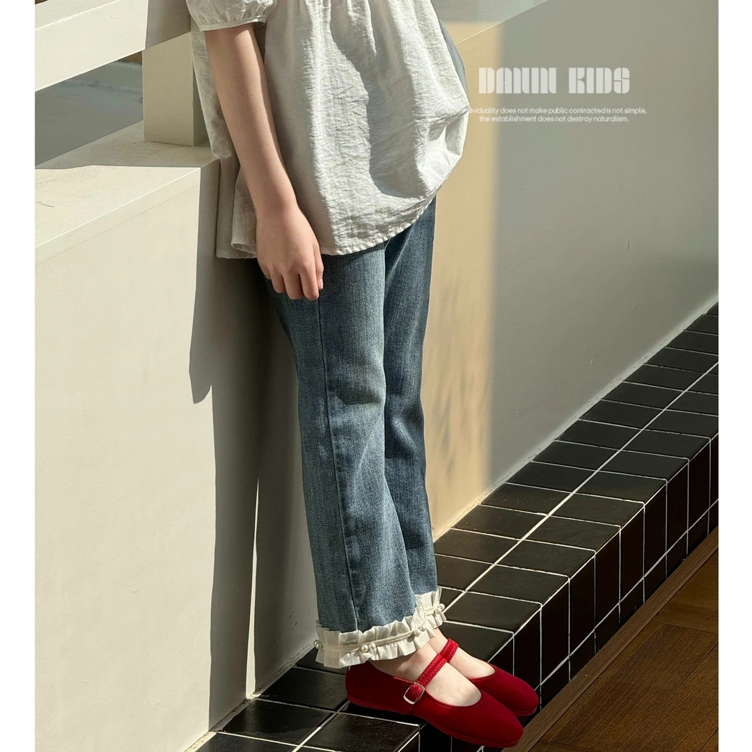 【嗒囜】40支精梳牛仔棉~珍珠花边 女童2025春季中大童直筒牛仔裤子