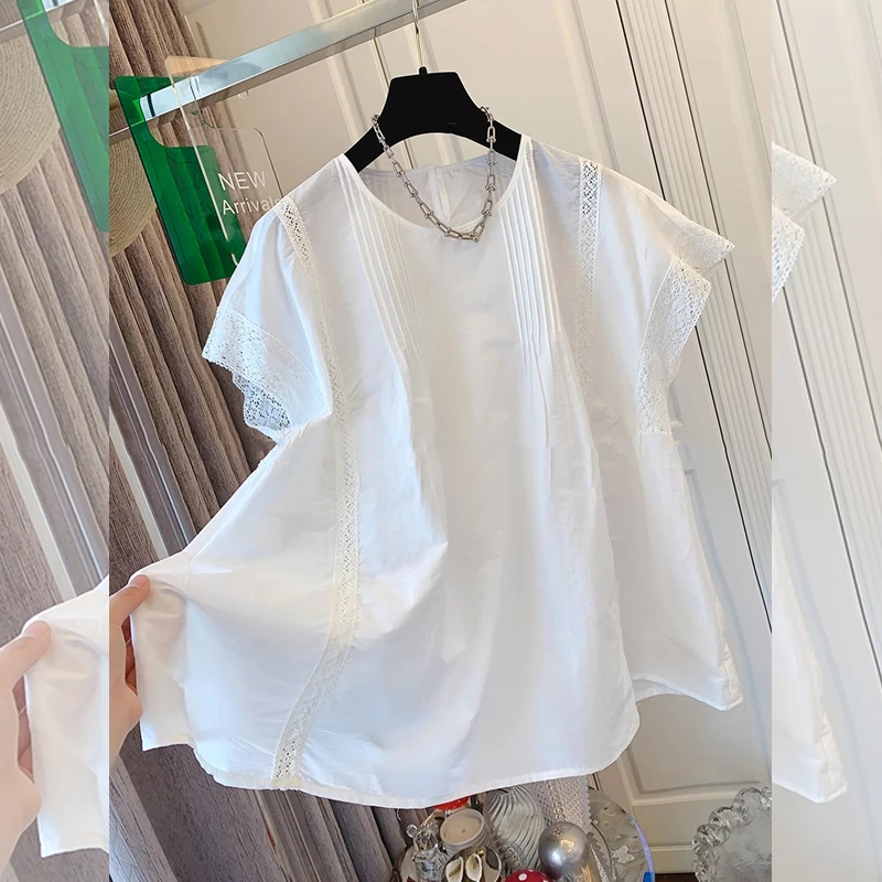 白色镂空蕾丝碎花边短袖宽松女大码衬衫夏季新款显瘦上衣休闲减龄